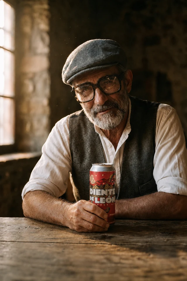 Retrato de Salvo Montalbano, el autor: un hombre mayor con gorra sostiene una lata de cerveza Diente de León.